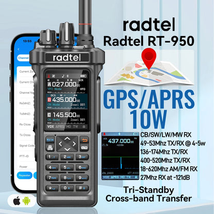 Radtel RT-950 OR RT-950 Pro GPS APRS Walkie Talkie  AM/FM/CB Receiver with 10W Bluetooth Phone Programming Ham Radio Tri Standby