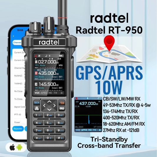 Radtel RT-950 OR RT-950 Pro GPS APRS Walkie Talkie  AM/FM/CB Receiver with 10W Bluetooth Phone Programming Ham Radio Tri Standby