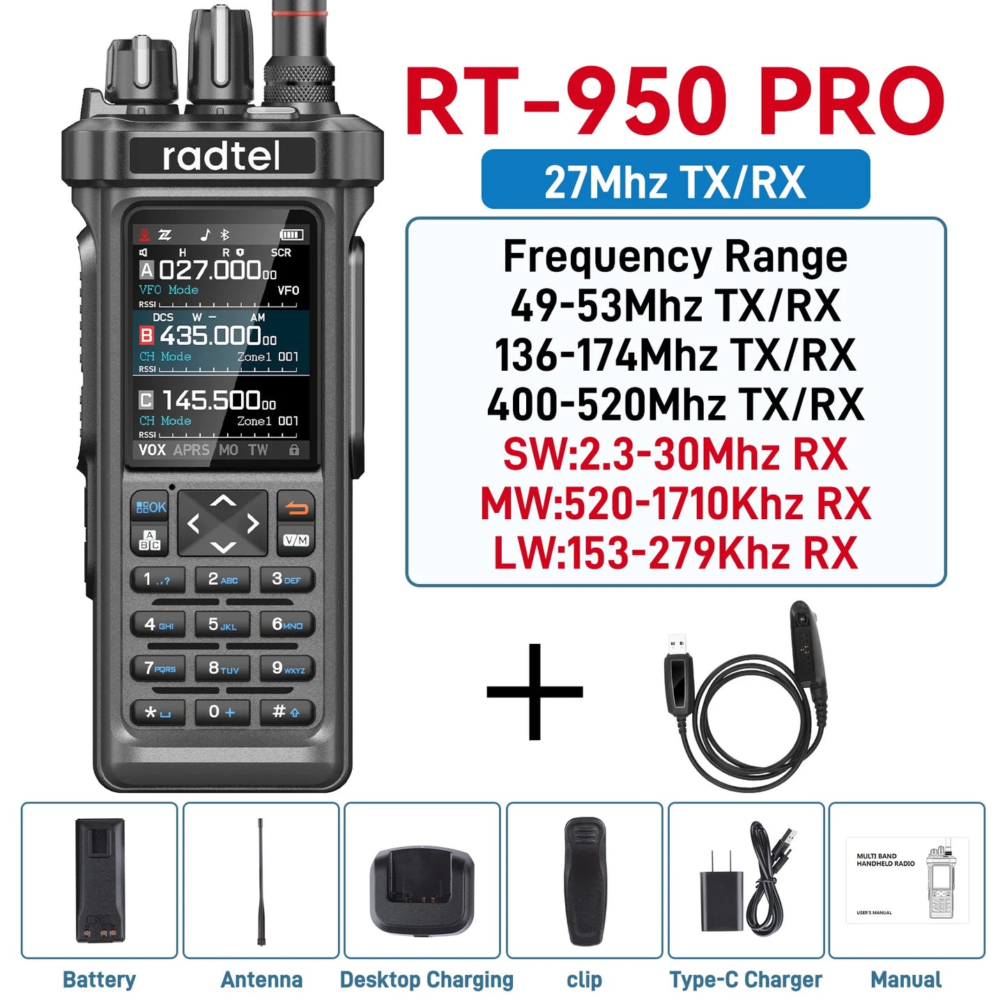 Radtel RT-950 OR RT-950 Pro GPS APRS Walkie Talkie  AM/FM/CB Receiver with 10W Bluetooth Phone Programming Ham Radio Tri Standby