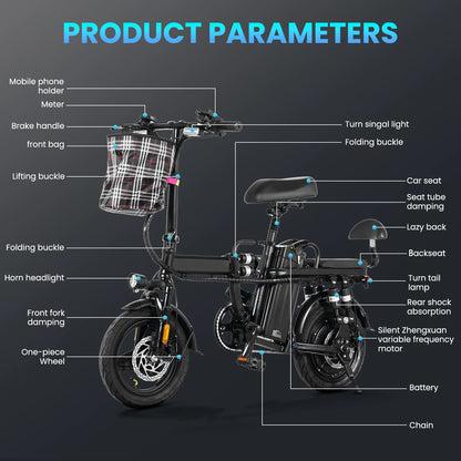 AiliFe 14inch Electric Bike 20 MPH 48V Removable Battery 500W Motor Adult Folding Electric Bicycle with Range of 40 Miles
