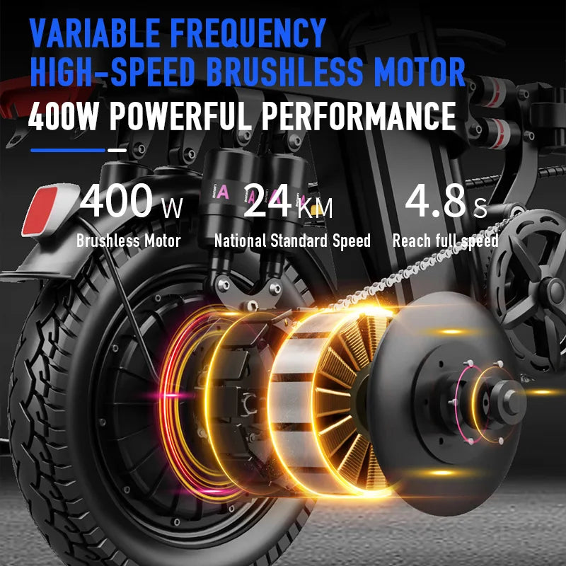 14-inch folding adult electric bicycle, 500-watt motor, maximum speed of 20 miles per hour, 48V 10.4Ah lithium battery, 14-inch