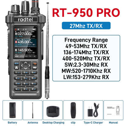 Radtel RT-950 OR RT-950 Pro GPS APRS Walkie Talkie  AM/FM/CB Receiver with 10W Bluetooth Phone Programming Ham Radio Tri Standby