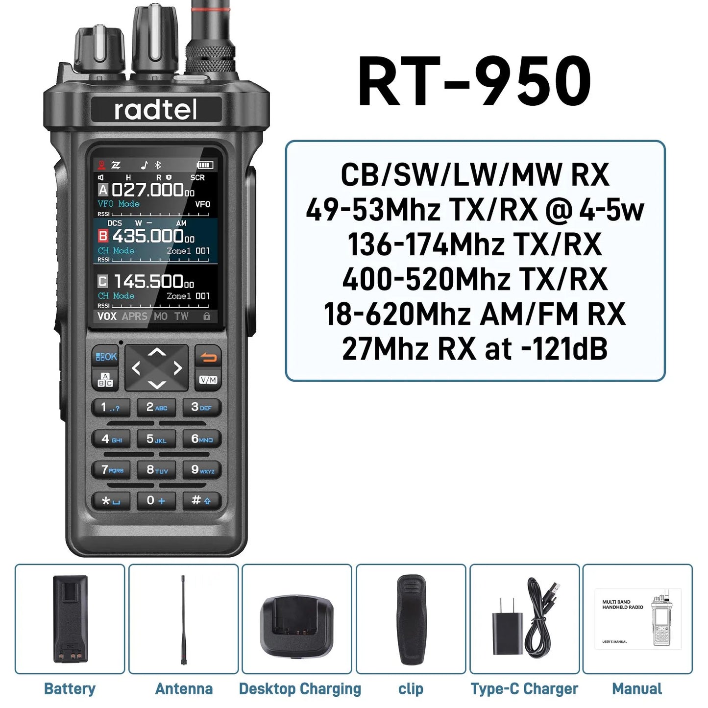 Radtel RT-950 OR RT-950 Pro GPS APRS Walkie Talkie  AM/FM/CB Receiver with 10W Bluetooth Phone Programming Ham Radio Tri Standby