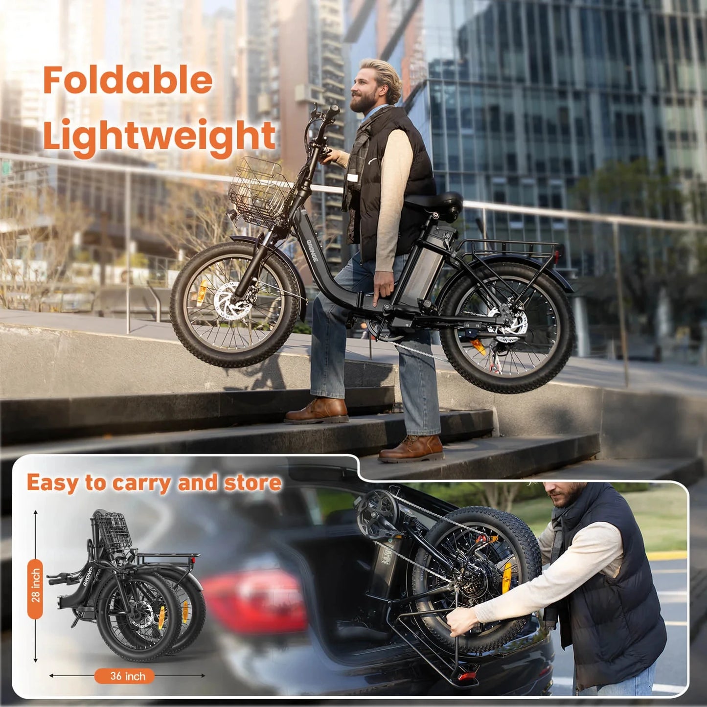 QRONGE Electric Bike 1000W Peak Folding Electric Bike 486Wh 70 Miles Range Ebike 20" Step-Thru Electric Bicycle with Bike Basket