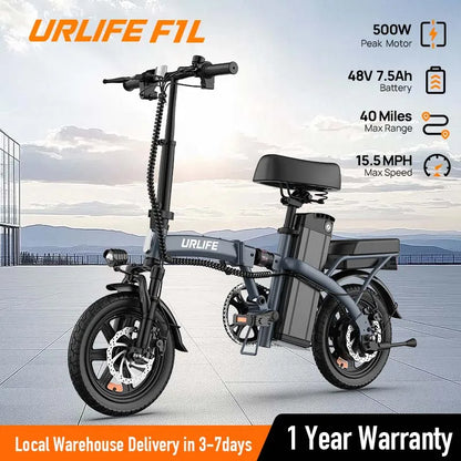 14" Foldable Electric bicycle for Adult, Peak 500W Motor with 48V 7.5Ah Removable Battery 40 Miles Range 3 Hours Charge Time