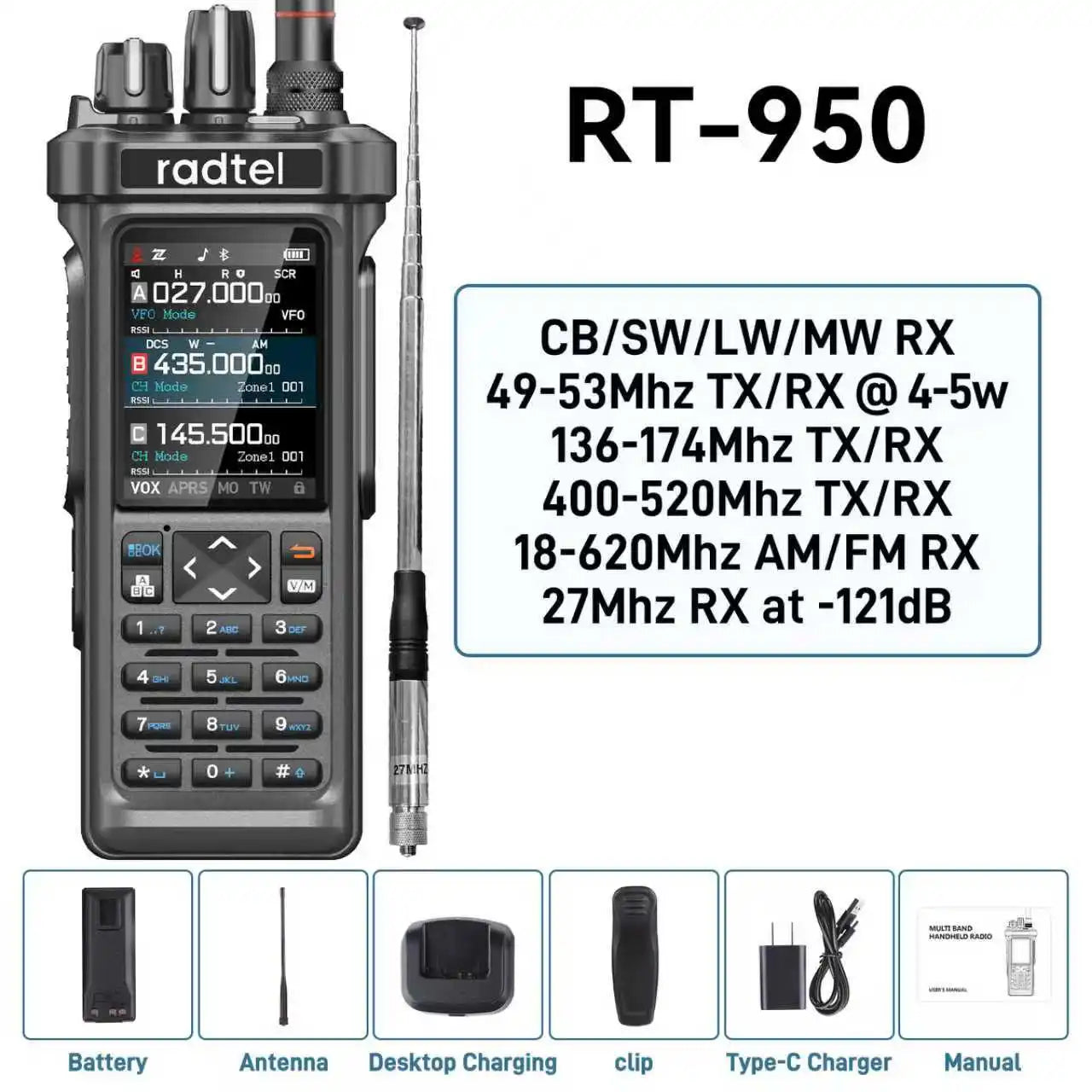 Radtel RT-950 OR RT-950 Pro GPS APRS Walkie Talkie  AM/FM/CB Receiver with 10W Bluetooth Phone Programming Ham Radio Tri Standby