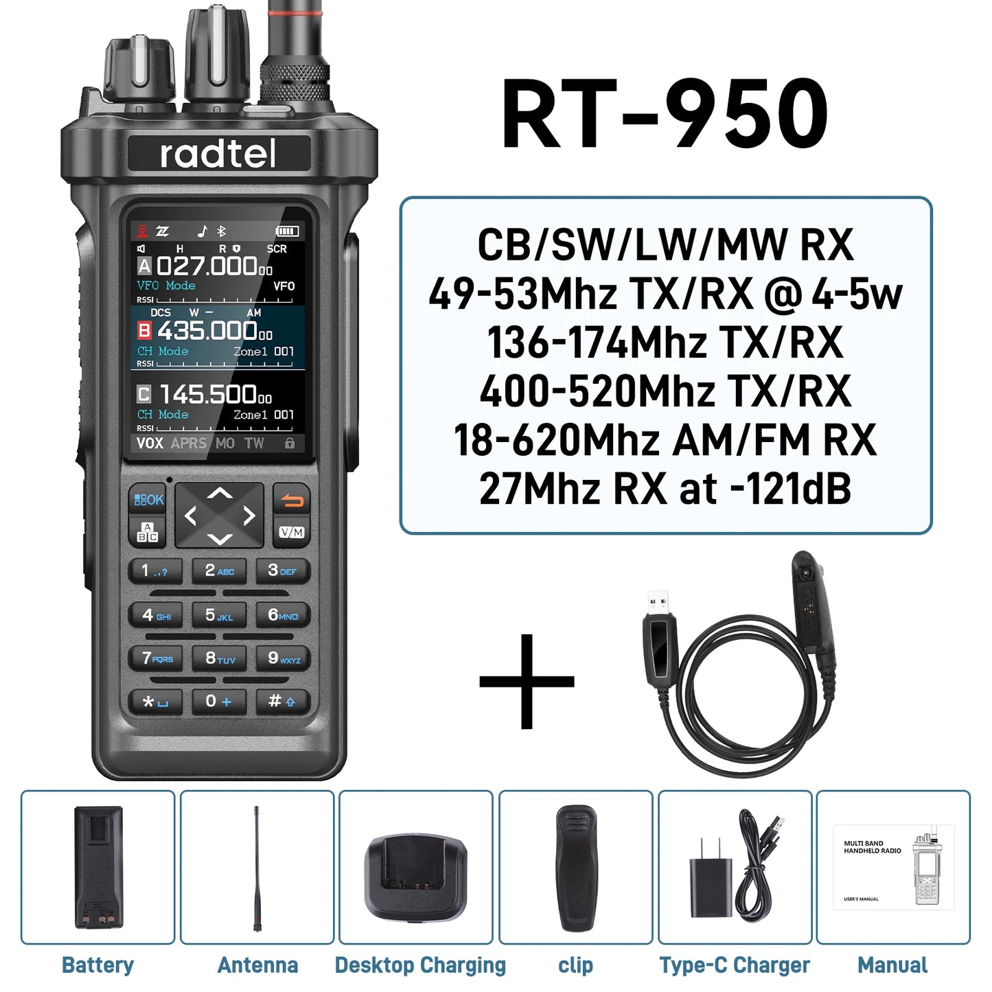 Radtel RT-950 OR RT-950 Pro GPS APRS Walkie Talkie  AM/FM/CB Receiver with 10W Bluetooth Phone Programming Ham Radio Tri Standby