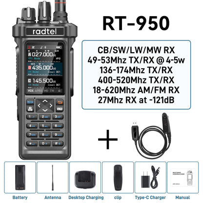 Radtel RT-950 OR RT-950 Pro GPS APRS Walkie Talkie  AM/FM/CB Receiver with 10W Bluetooth Phone Programming Ham Radio Tri Standby