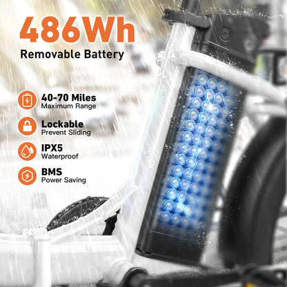 QRONGE Electric Bike 1000W Peak Folding Electric Bike 486Wh 70 Miles Range Ebike 20" Step-Thru Electric Bicycle with Bike Basket