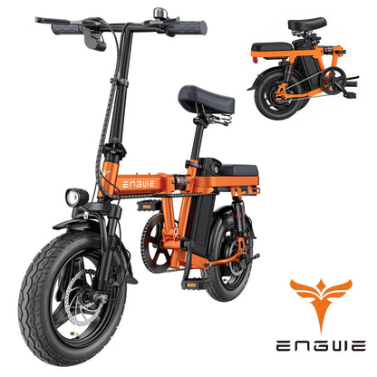 ENGWE T14 Folding Electric Bike, 14" Fat Tire City Commuter Ebike, Mini Electric Bicycle with Peak 600W Motor 48V10AH Battery