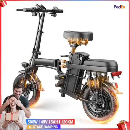 14-inch folding adult electric bicycle, 500-watt motor, maximum speed of 20 miles per hour, 48V 10.4Ah lithium battery, 14-inch
